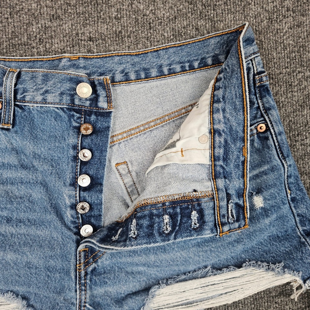 Levis 501 Original Cut Off Denim Shorts Women 33 Distressed Button Fly High Rise - Picture 9 of 10